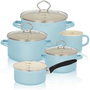 5-delige Emaille Pannenset in Pastelblauw voor Koken