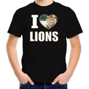 I love lions t-shirt met dieren foto van een leeuw zwart voor kinderen - cadeau shirt leeuwen liefhebber - kinderkleding / kleding 146/152