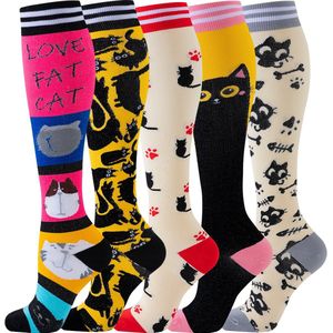 5 paar Interessante patronen compressiekousen voor dames en heren, kniekousen met aflopende ondersteuning voor reizen en vluchten(S-M)