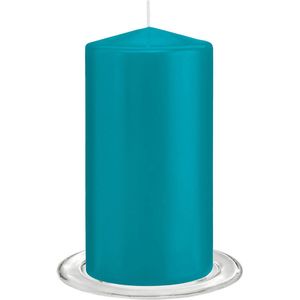 Trend Candles - Stompkaarsen met glazen onderzetters set van 2x stuks turquoise blauw 8 x 15 cm