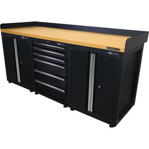 Kraftmeister werkbank 200 cm - Werktafel met 6 laden, 2 opbergkasten en MDF werkblad - Zwart