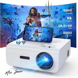 Mrs. Jones Mini Beamer WiFi Bluetooth Full HD 1080P 4K Home Cinema Ondersteund met Zoomfunctie 300'' Display Buiten Beamer Compatibel met Smartphone HDMI USB Laptop Fire Stick PS5 .
