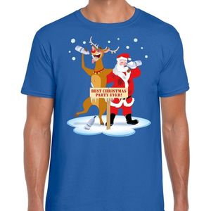 Foute Kerst t-shirt dronken kerstman en rendier Rudolf na kerstborrel/ feest blauw voor heren XXL