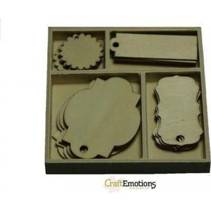 CraftEmotions Houten ornamenten - Labels 20 assorti  - box - 2 tot 6,5 cm groot