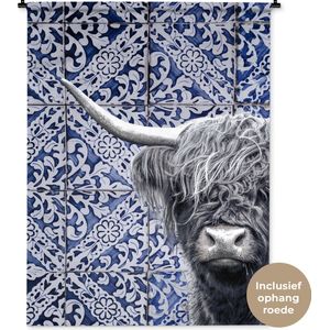 Wandkleed - Wanddoek - Schotse hooglander - Delfts blauw - Zwart - Wit - 120x160 cm - Wandtapijt