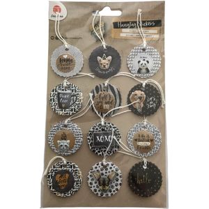 Deco Time - 3D Hangtag Stickers - 12 stuks - ALL ABOUT YOU - Tekst/Dieren - Zwart/Wit/Bruin