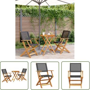 The Living Store 3-delige Bistroset poly rattan en massief hout zwart - Bistroset - Tuinmeubels - Acacia Hout - Pe Rattan - Vouwtafel