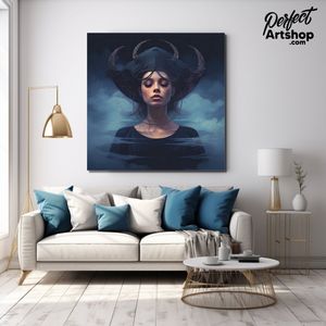 DREAM LADY: 100x100cm Plexiglas. Decoratie - Modern - Blauw - Dromen - Vrouw - Wolken - Portret