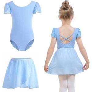 Balletkleding Meisjes met Afneembare Balletrok en Pofmouwen - Blauw - Maat 110 (4-6 Jaar) - Dansbody Balletpak Kinderen