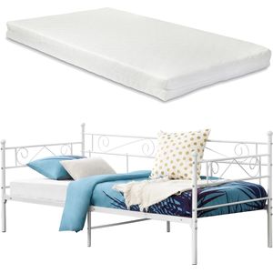 In And OutdoorMatch Eenpersoonsslaapbank Gigi - Met Matras - 90x200 cm - Wit - Vintage Design - Metalen bedframe