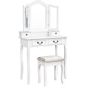 CozyLiving Moderne Witte Make-up tafel met Opvouwbare Spiegel en Krukje - Antiek Design - Kaptafel met Spiegel, 2 Laden en - Stijlvolle Opslag voor Make-up