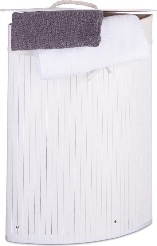 Relaxdays wasmand hoekmodel bamboe - 60 liter - deksel - wasbox - driehoekig - wit