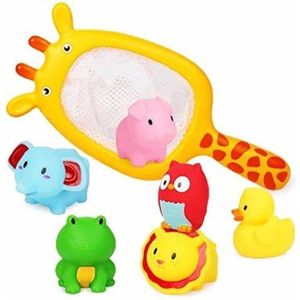 Badspeelgoed Dieren – Rubberen Badspeeltjes 6 stuks – Squirts set van 6 – Inclusief Schepnet Giraffe – Leeuw – Uil – Olifant – Varken - Kikker - Eend -Visnet voor in Bad - Drijvend Badspeelgoed - Verjaardagscadeau Jongen of Meisje