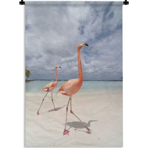 Wandkleed Flamingo  - Twee flamingo's op een eiland in Aruba Wandkleed katoen 90x135 cm - Wandtapijt met foto