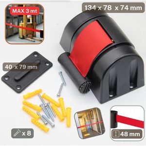 FLEXIBARRIER / INTREKBARE RIEMBARRIERE / AFZETLINT, Lengte 3 METER, met ABS-Kunststof Wandbehuizingen, Intrekbare Veiligheidsbarrière voor Crowd Control, Kleur ROOD
