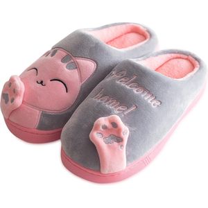 Geweo Home Sloffen - Pantoffels - Open Sloffen - Koraal Fleece Pantoffels Dames - Antislip - Leuk Katje - Kerstmis - Kerstfeest - Christmas Gift  - Grijs - Maat 37/38
