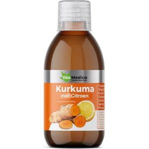 Kurkuma met citroen Spijsvertering. Werking van lever, hart en longen. Immuunsysteem. Gezonde huid, botten en gewrichten. 250 ml. Gemaakt in de EU. Glazen fles.