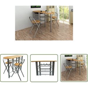 The Living Store Barset Beukenhout - Tafel 117x40x85 cm - Stoelen 39x41x80 cm - Inklapbaar - Lichtbruin/Staal