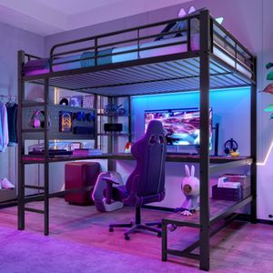 Hoogslaper, 140 x 200cm, ijzeren frame, bureau, leuning, trapje, verschillende planken, met usb+type-c stopcontact, met ledstrip, met geperforeerde plank, zonder matras, zwart