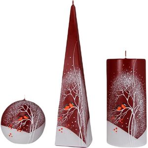 Kaarsen Set Handgeschilderd - Vogeltje in Boom - Bordeaux/Wit - kerst - kerstverlichting