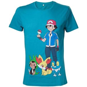 Pokemon - Heren T-shirt - Aqua Blauw - Met Print van Ash Ketchum en Pokémon