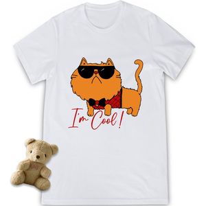 Meisjes t shirt - grappige I'm Cool Cat print  - Maten 92 t/m 164 - Shirt kleuren wit en zwart.