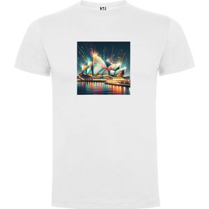 Wit T-Shirt met “ Kleurrijke het Opera House Sidney bij nacht“ Print Full Color Maat 4XL