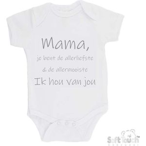 100% katoenen Romper ""Mama, je bent de allerliefste & de allermooiste. Ik hou van jou"" Unisex Katoen Wit/grijs Maat 62/68