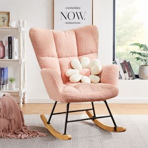 Schommelstoel Kinderkamer, Teddy Beklede Glijdende Schommelstoel met Hoge Rugleuning, Leesstoel Moderne Schommel Accentstoelen Glijdende Recliner voor Woonkamer, Kinderkamer, Slaapkamer, roze