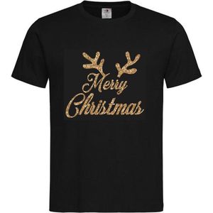 T-shirt Unisex Volwassenen Kerst Kerstmis Vrouw Grappig Tekst ""Merry Christmas met gewei"" Op Voorkant | korte mouw | Zwart/Goud GLITTER | maat S