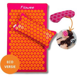 Flowee Relaxset - Spijkermat ECO, spijkerkussen & Oogkussen - Fuchsia met oranje - Vulling Kokosvezels & Boekweitkaf & Lavendel (77x45+22x44cm) - Acupressuur Mat - Spijkerbed - Acupunctuur - Shakti Massage - Vijf jaar Garantie