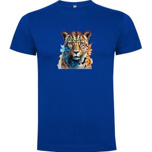 Kobalt Blauw T-Shirt met “Kleurrijk Luipaard“ Print Full Color maat 104 / 3/4 jaar