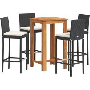 vidaXL Bartafel - Bartafels - Statafel - Hoge Tafel - 5-delige Tuinbarset massief acaciahout en poly rattan zwart