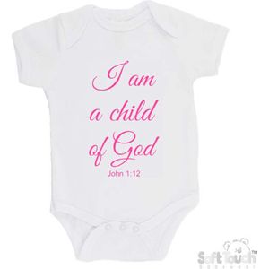 100% katoenen Romper ""I am a child of God John 1:12"" Meisjes Katoen Wit/roze Maat 62/68