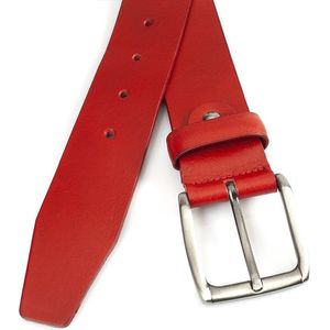 JV Belts Rode leren jeansriem - heren en dames riem - 4 cm breed - Rood - Echt Leer - Taille: 110cm - Totale lengte riem: 125cm