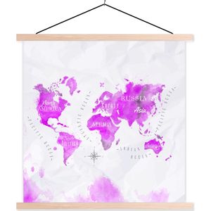 Posterhanger incl. Poster 90x90 cm - Schoolplaat - Wereldkaart - Roze - Abstract - Textielposter - Blanke latten
