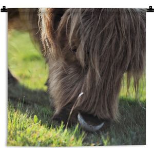 Wandkleed - Wanddoek - Schotse Hooglander - Hoorns - Zon - 90x90 cm - Wandtapijt
