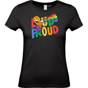 Dames T-shirt Loud & Proud | Gay pride shirt kleding | Regenboog kleuren | LGBTQ | Zwart dames | maat XL