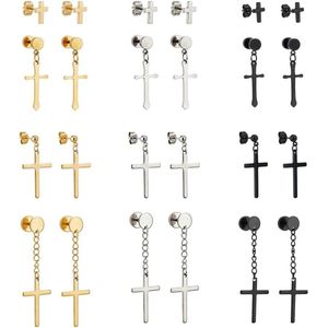 Allecto Plus - Roestvrij stalen kruisoorbellen - Uniseks - Punk - Zwart en Zilver - Mannen en Vrouwen - Sieraden met Schroefhangers