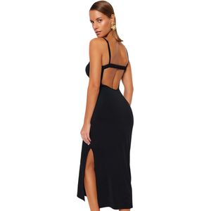 Trendyol Strandkleding Zwarte Bodycon Maxi Gebreide Rugloze Jurk Tbess23El00116