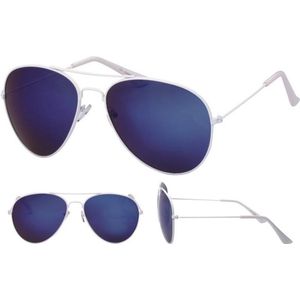 Pilotenbril wit met blauwe glazen voor volwassenen - Piloten zonnebrillen dames/heren