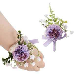 Kunstmatige Licht Paarse Chrysant Pols Corsage en Boutonniere Set voor Prom en Bruiloft