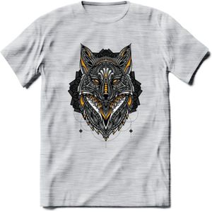 Vos - Dieren Mandala T-Shirt | Geel | Grappig Verjaardag Zentangle Dierenkop Cadeau Shirt | Dames - Heren - Unisex | Wildlife Tshirt Kleding Kado | - Licht Grijs - Gemaleerd - XXL