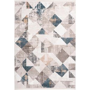 Vloerkleed laagpolig - geometrisch patroon, bedmat, Scandinavisch design met franjes, pastel - woonkamer, eetkamer, slaapkamer - kleur: grijs, blauw, taupe, afmetingen: 80 x 150 cm