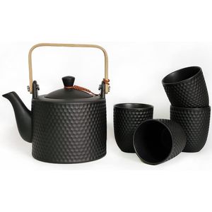Zwarte keramische theepot, porseleinen theepot met zeef 900ml met 4 theekopjes 180ml voor losse thee, modern theeservies van hittebestendig keramiek en bamboe