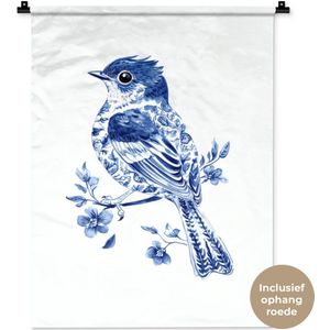 Wandkleed 60x80 cm - Wanddoek Vogel - Delfts blauw - Illustratie - Bloemen - Wandtapijt - Wandkleden