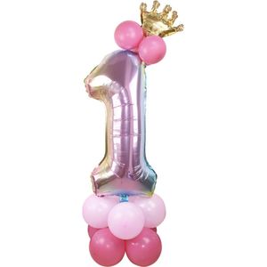 Prinsessen Thema Party Decoratie - 1 Jaar - Leeftijdballon - Feestversiering / Verjaardag Versiering - Prinses Feestje - Kinderfeestje - Regenboog / Roze - Prinsessenkroontje Ballon - Prinsessen Ballon - Feestpakket - Prinsessen Verjaardag