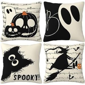 Halloween kussensloop set van 4, zwarte kat, pompoen, spook, decoratieve kussenslopen, Halloween-decoratie