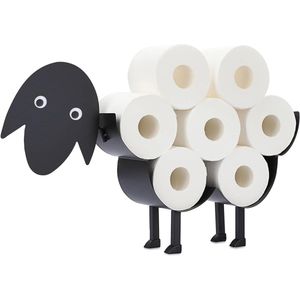 Metalen Toiletrolhouder in Dierenstijl – Vrijstaand en Wandmontage – Zwart Mat – Schapen Ontwerp – Toiletpapier Opberger – Badkamer, Toilet, Keuken
