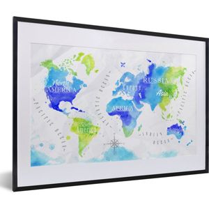 Fotolijst incl. Poster - Wereldkaart - Waterverf - Groen - Blauw - 60x40 cm - Posterlijst